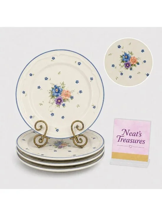 80s JMP Marketing PROVINCIAL BOUQUET Center Flowers Stoneware Dinner Plate Set 4
