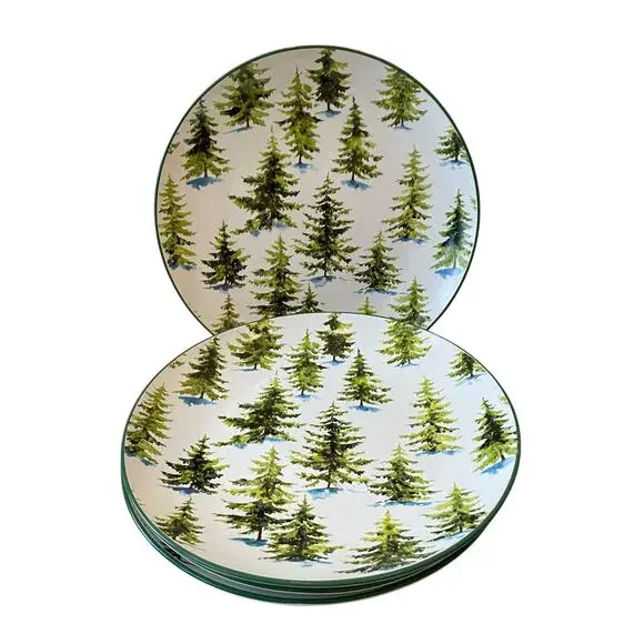 Global Design Christmas Dinner Plates 10.5in Set of 4 Holiday Pine Trees NEW