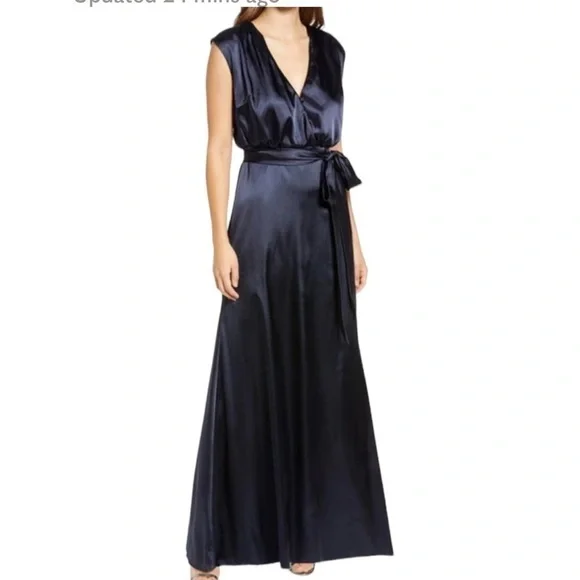 Dessy Collection V Neck Stretch Satin Charmeuse Gown In Midnight Blue