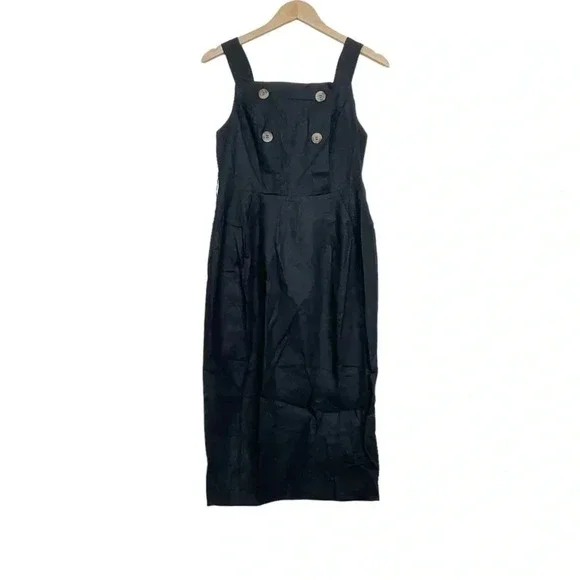 Asos Black Linen Square Neck Dress Size 6 Sleeveless With Belt