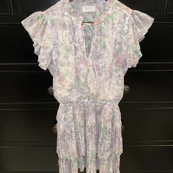 Reset Women's Flutter Sleeve Ruffle Pastel Mini Dress Small‎ Smocked Waist