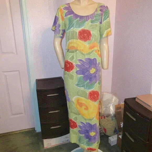 Vtg Jams World Midi Dress Size S Pockets Floral Hawaiian Aloha Art Print Violare