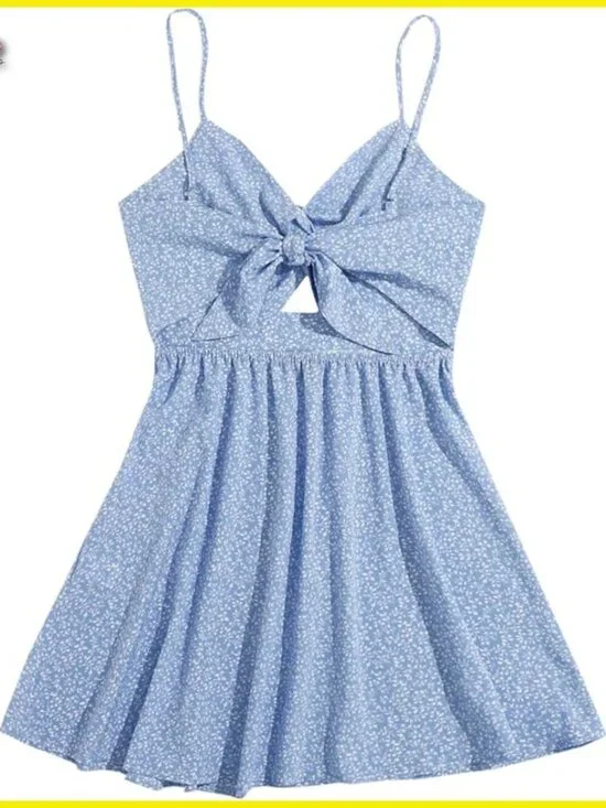 Boho Floral Print Twist Front Cami Mini Dress Swing A-Line Summer Chic