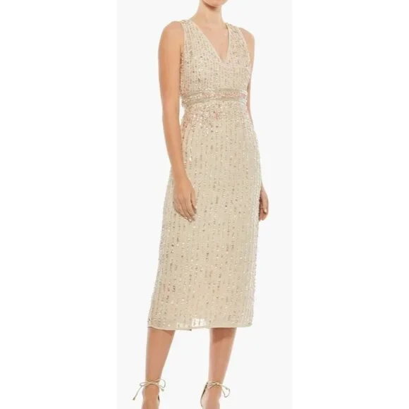 MAC DUGGAL Women's Sequin Sheath Midi Dress Nude 12 New with Tags