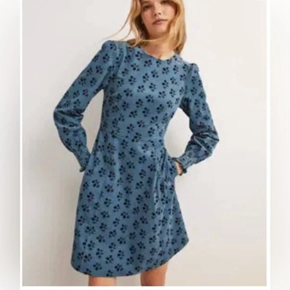 Boden Smocked Sleeve Blue Corduroy Dress 10 Long