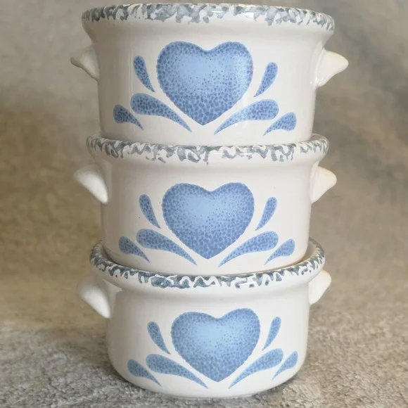Set of 3 Country Blue Heart Ceramic Covered Soup Crocks No Lids Cottagecore