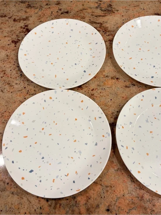 Vtg Corelle Dinner and dessert Plates orange, blue Grey Rosa Terrazzo Speckle