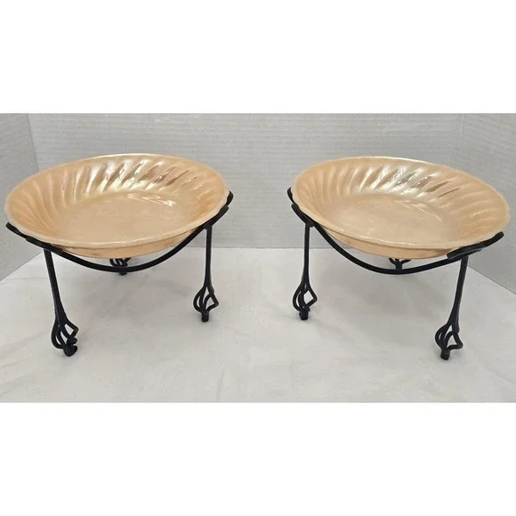Vtg 2 Fire-King Peach Lustre Swirl Bowls with Meta Scroll Stands Anchor Hocking