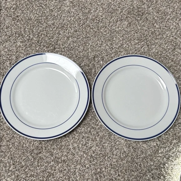 Oneida Maître d dinner plates. 2 plates white with blue circle trim