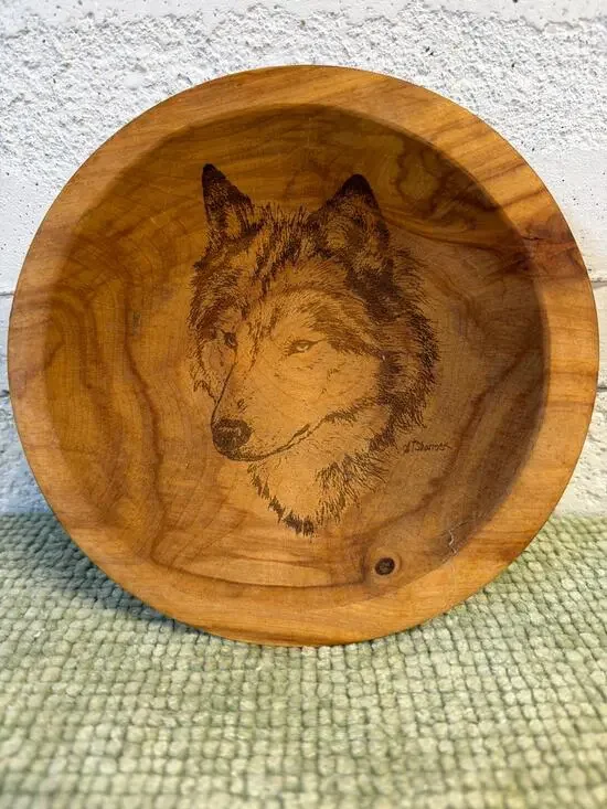 Great Alaskan Bowl Co Wolf Wooden Bowl 8” Hand Turned Cherry Wood Serving Bowl
