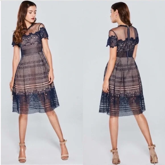 Few Moda NWT Ramona Navy Blue & Nude Lace & Mesh Party Dress - S
