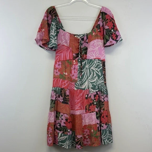 Marissa Olivia Patchwork Floral Tie Front Mini Dress Boho Cottagecore M
