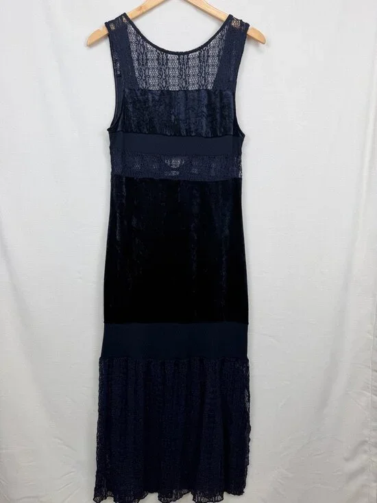 Free People Keep In Line Velvet Lace Column Maxi Dress Midnight Blue Small S