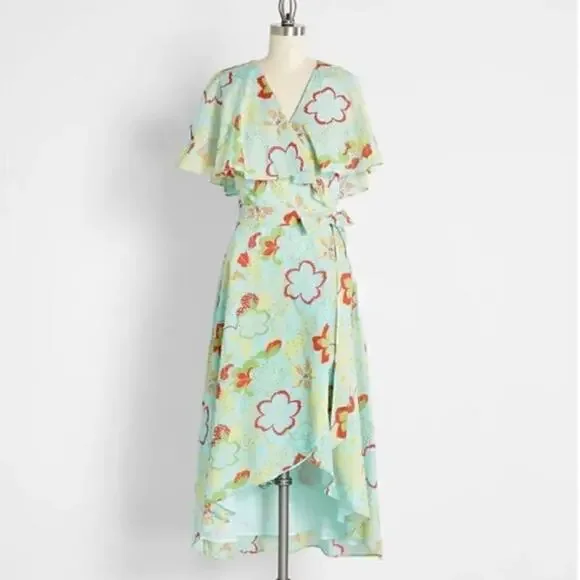 ModCloth 100% Cotton Lift Your Wings Wrap Midi Dress Large Blue Green Floral