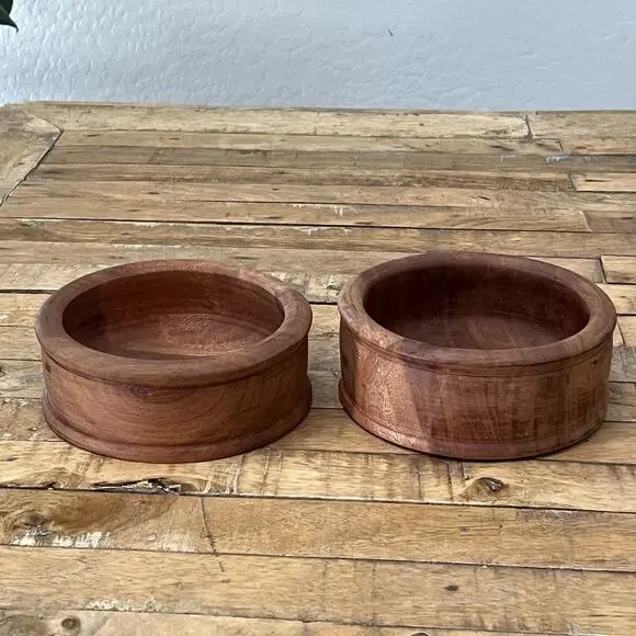 Hand-Turned Rustic Wooden Bowls Set of 2 6 in Teak Wood