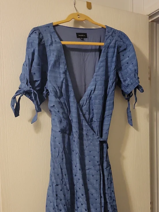 MAJORELLE Revolve Cornflower Blue Midi Wrap Dress with Black Label