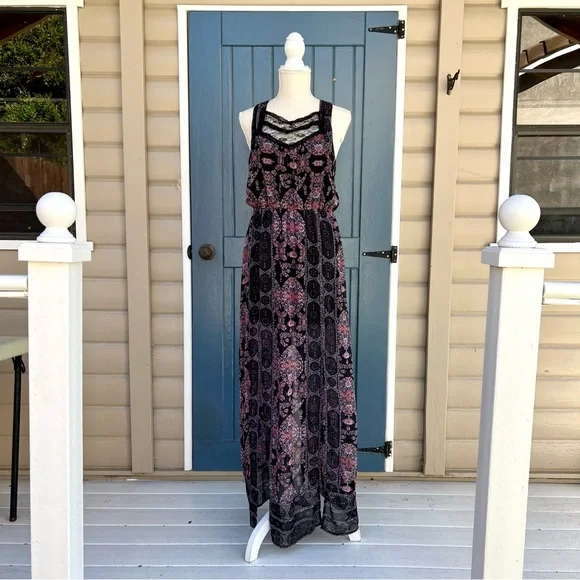Free People Black and Pink Boho Lace-Trim Maxi Dress Women Size 4