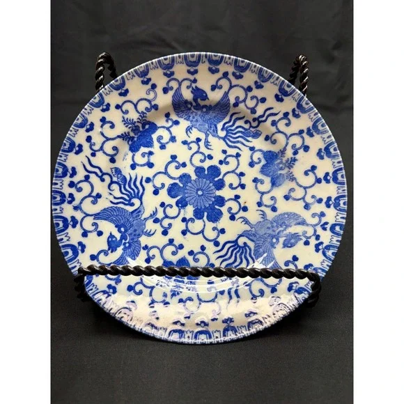 Vintage Blue and White Japanese Porcelain Phoenix Floral Transferware Plate 7