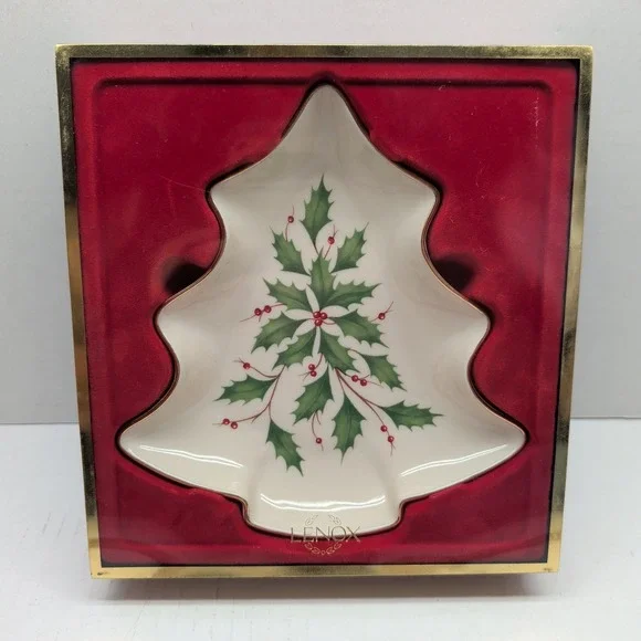 Lenox Holiday Tree Candy Dish Ivory Bone China Holly Berry Gold Trim Christmas
