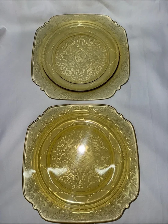 Vintage Amber Depression Glass Etched Luncheon Plates