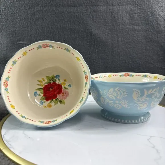 The Pioneer Woman Sweet Rose 6.25 Inch Ceramic Bowls Set of 2 Scalloped Blue New