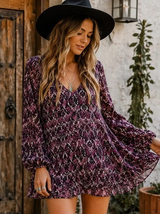 Show Me Your Mumu Snake Print Mini Purple Dress Boho Flowy Bell Sleeve M
