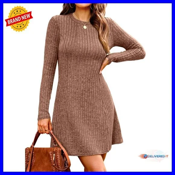 Long Sleeve Crew Neck Sweater Dress Ribbed Knit Bodycon Knee Length