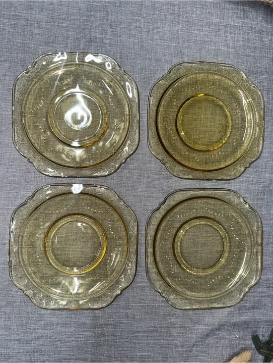 Vintage Amber Depression Glass Saucers Set of 4 Scroll Border Tea Cup Plates