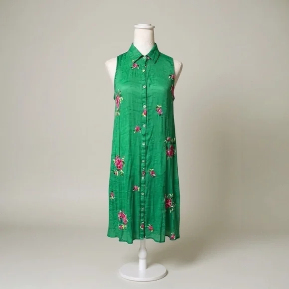 🛍️Hope Springs  Button front sleeveless tank dress with floral embroidered