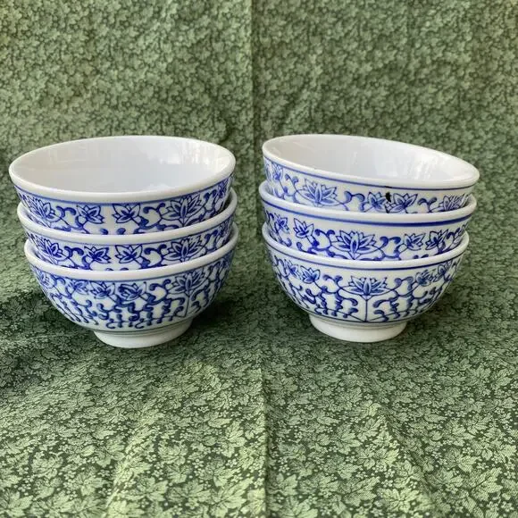Set of 6 Blue Floral Porcelain Soup/Rice Bowls in Flawless‎ Condition