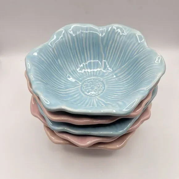 Blue And Pink Ceramic Flower Bowl 7.25” Serving Set Of 5