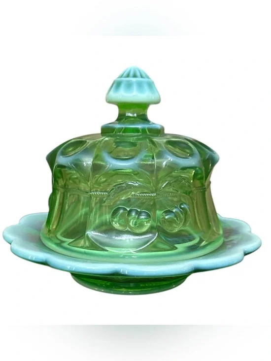 Mosser Glass Cherry Print Vintage Green Glass Covered Butter Dish