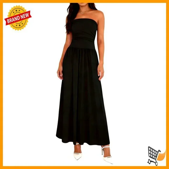 Strapless Maxi Dress Formal Wedding Vacation Soft Stretchy Fabric Side Pockets