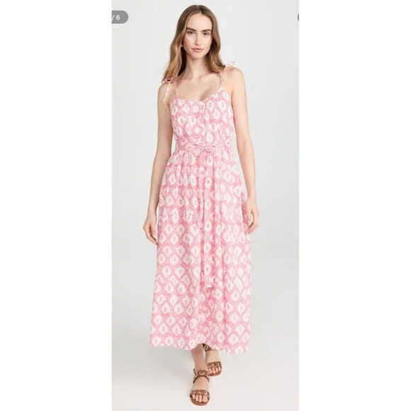 Marea Belted Siesta Maxi Dress Pink Ikat Print Bohemian Peasant Coquette Sz M