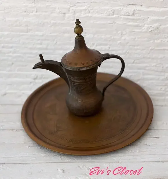 Copper Dallah Coffee Pot Maker And Serving Plate Middle Eastern Moroccan