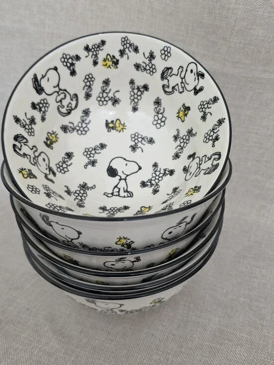 Peanuts White Ceramic Bowl Set with Black and Yellow Accents Set of 6