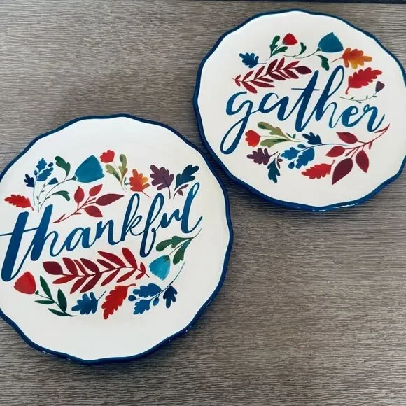 Fall Autumn Gather Thankful Ceramic Serving Plates Set