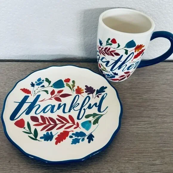 Fall Autumn Gather Thankful Ceramic Serving Plate Coffee Mug Cup Set