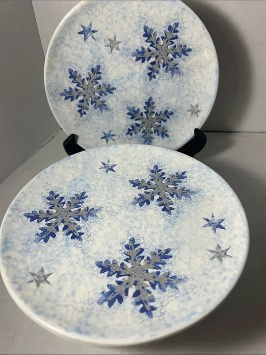 Winter Snowflake Dinner Plates in Blue and Silver - Set of 6 Made in Italy