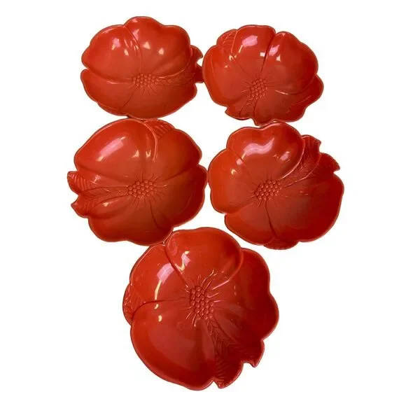 5 Vintage Hofmann Industries Melamine Plastic Flower Shaped Orange Snack Bowls