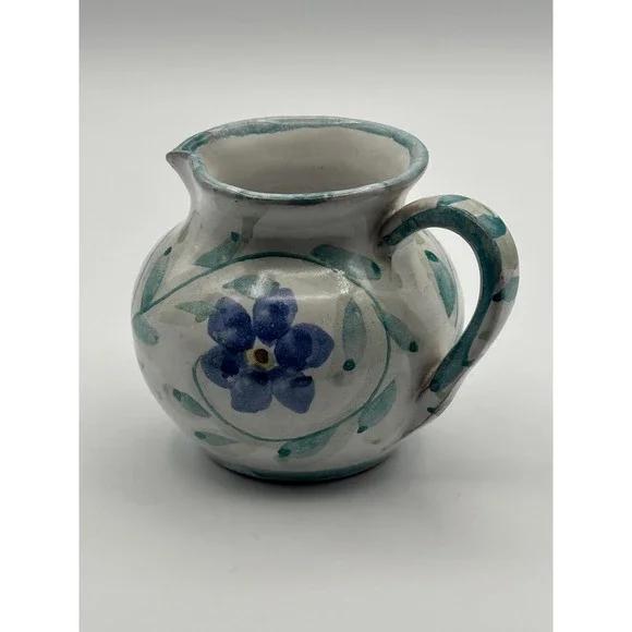 Hand Painted Blue Floral Portuguese Pottery Small Pitcher Creamer