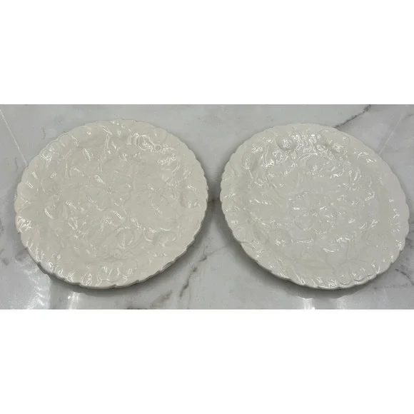 Vintage P-V France White Strawberry Floral Embossed Plates Set of 2 Scalloped 8