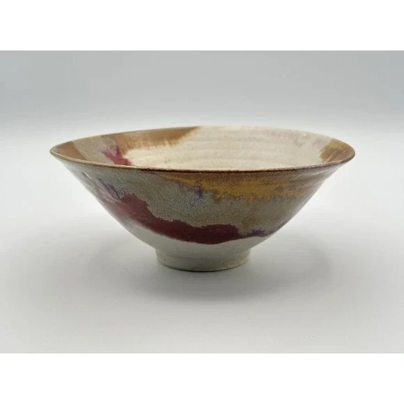 Artist‑Signed Handmade Pottery Bowl — Multicolor Earth‑Tone Glaze