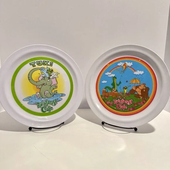 Set of 2 Rainforest Cafe Melamine Plates Tuki Elephant‎ & Wild Bunch 2002 2007