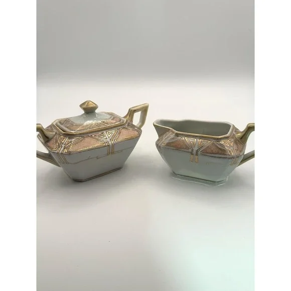 Antique Nippon Hand Painted Porcelain Cream Sugar Set Gold Gilt Art Nouveau