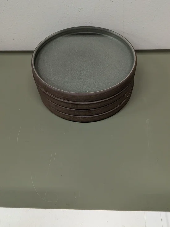Jono Pandolfi Set Of 4 Salad Plates. Square Sided. Green & Brown.