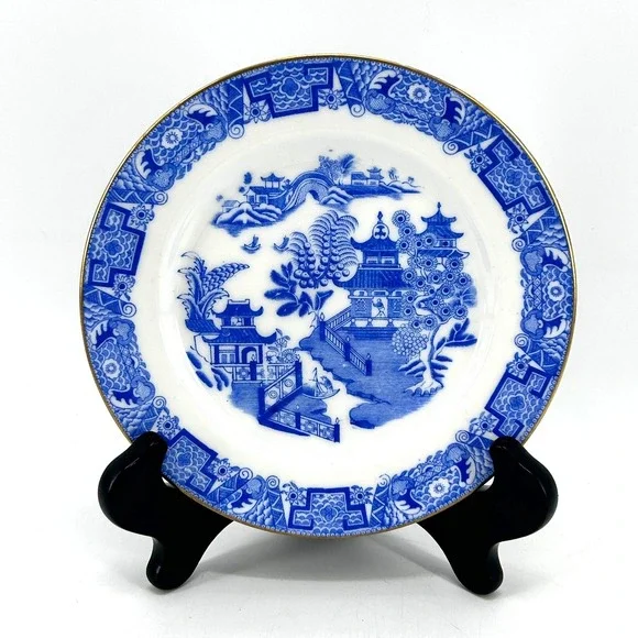 Royal Worcester Blue Willow Dessert Plate English China Pagoda Gold Rim 7
