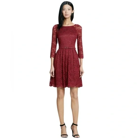 Trina Turk Lace Rosalind Cocktail Dress in Red Oxblood  3/4 Sleeve NWT Size 6