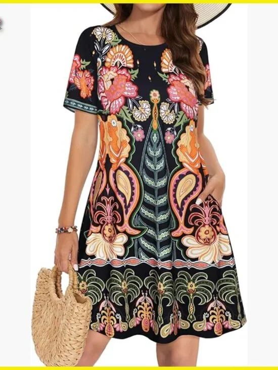 Floral Tshirt Sundress Casual Boho Swing Dress with Pockets Loose Fit