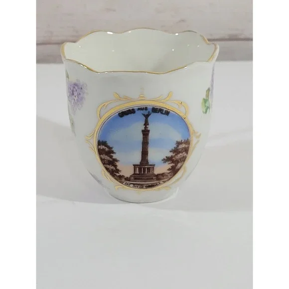 Vintage German Souvenir Cup Berlin Victory Column Porcelain White Floral Gold